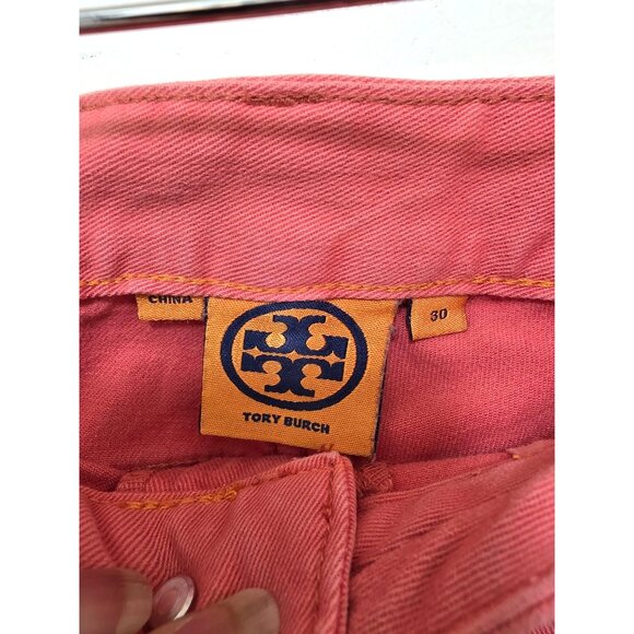 TORY BURCH Women's Coral Pink Straight Leg Jeans Gold Logo Hardware Size 30 - Picture 8 of 10